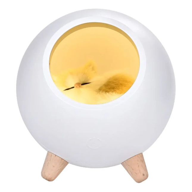 Lampara Veladora Gato Recargable Blanco Con Base De Madera Blanco