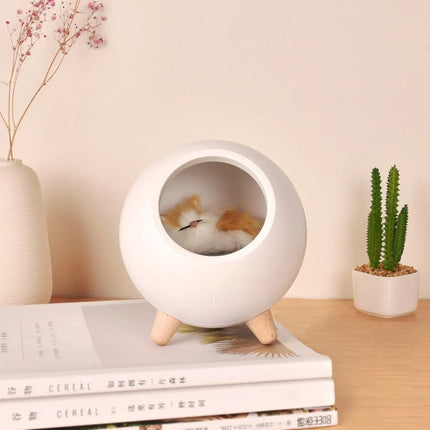 Lampara Veladora Gato Recargable Blanco Con Base De Madera Blanco