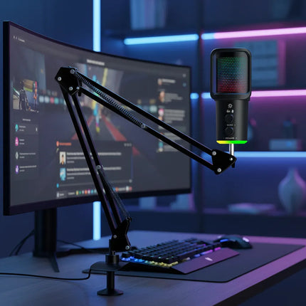 Microfono Condensador Gamer Rgb Streaming Brazo Usb Negro