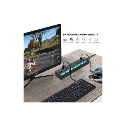Hub De 7 Puertos Usb 2.0 Multi Cargador Con Interruptor Negro