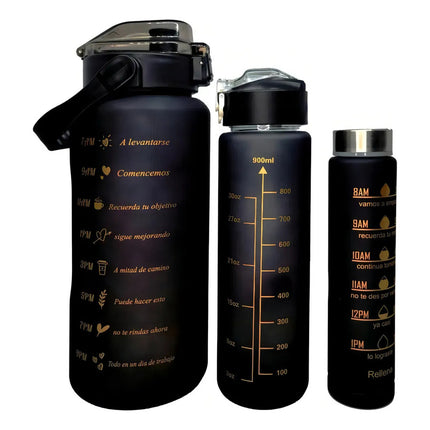 Botellas Termo De Agua Motivacionales 2l 900ml 500ml Kit X3  Negro Con Estampado Dorado