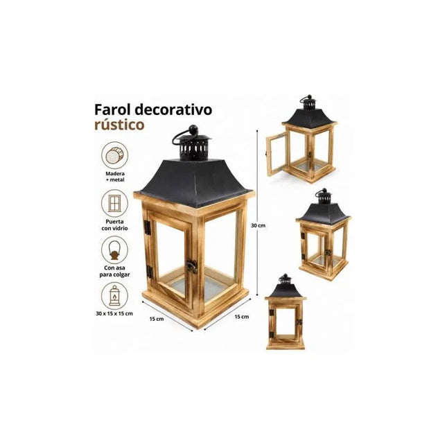 Farol Decorativo Rústico De Madera Y Metal Cgf01264 Marrón