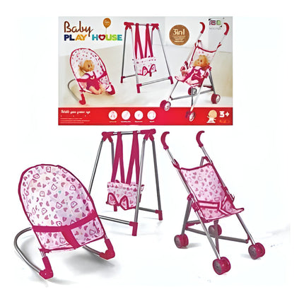 Set De Coche, Hamaca Y Silla Para Muñecas Set X 3 Rosa Chicle