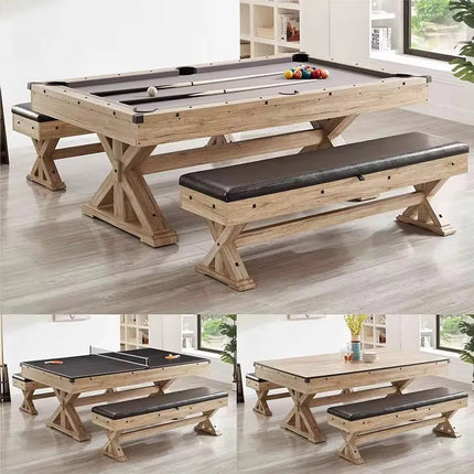 Mesa De Pool 3 En 1 + Ping Pong + Mesa Con 2 Bancos Madera