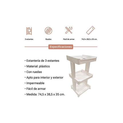 Mueble Estanteria De Plastico 3 Estantes Bandeja  Con Rueda Blanco