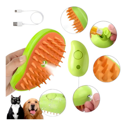 Cepillo De Vapor 3en1 Masajeador Para Mascotas Perros Gatos Color Verde Lima