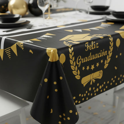 Mantel Para Fiesta De Graduacion 137x183cm Negro Y Dorado