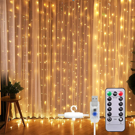Cortina 300 Luces Led 3x3mts Decoración Cálida Con Control Cálida
