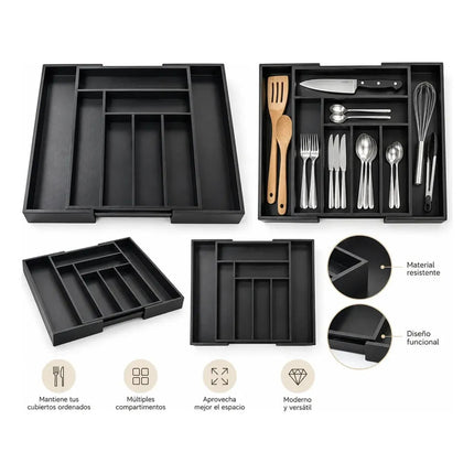 Organizador De Cubiertos De Madera Bamboo Calidad Negro