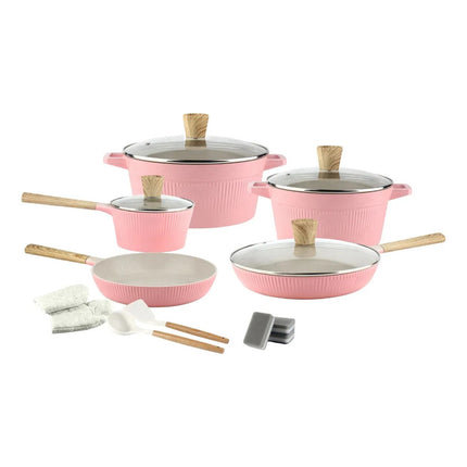 Juego De Ollas 16pcs Aluminio Cerámico Antiadherente Granito Rosa