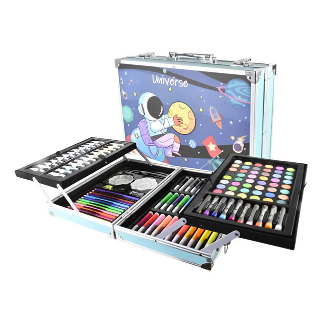 Valija Set Escolar De Arte Dos Niveles Celeste 136pcs