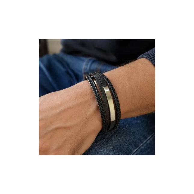 Pulsera Trenzada Con Placa De Acero Inoxidable Cas00171 Negro 21 Cm
