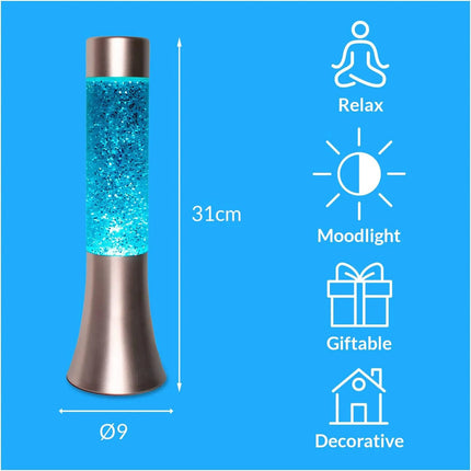 Lámpara Lava Glitter De 30 Cm Base Plateada Y Líquido Azul Azul