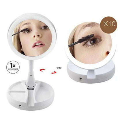 Espejo Redondo Luz Led Maquillaje Doble Plegable