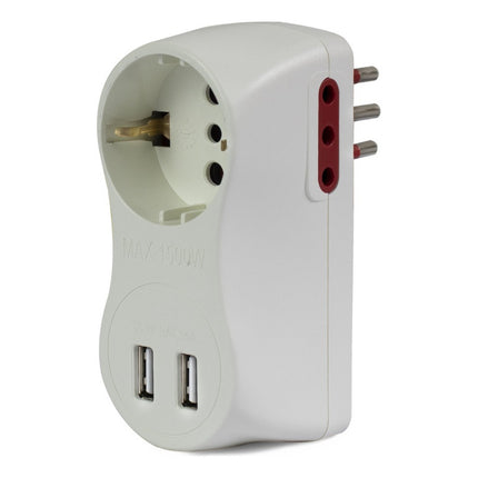 Adaptador  1 Schuko + 2 Tomas 3 En Linea + 2 Puertos Usb