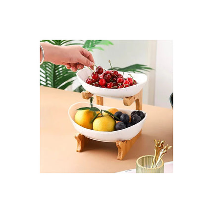 Frutero Bandeja 2 Niveles Con Base De Bambú Blanco