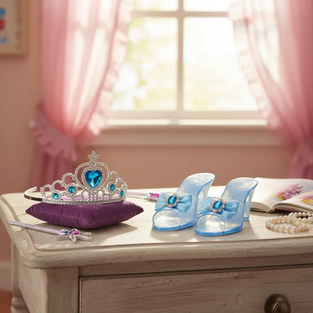 Set Infantil De Princesa Corona Con Zapatos Juguete Celeste