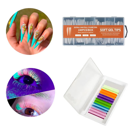 Set Uñas Postizas 240 Pcs + Pestañas Flúo 6 Pares Belleza Flúor