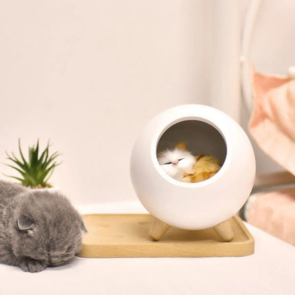 Lampara Veladora Gato Recargable Blanco Con Base De Madera Blanco