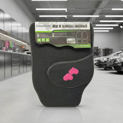 Set De Alfombras Para Auto Diseño Con Corazones Rosa X4 Negro