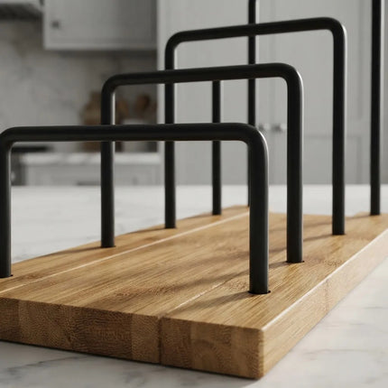 Organizador De Acero Y Bambu  Para Tapas De Ollas Bandejas Madera