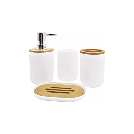Dispensador Jabon Baño 4 Piezas Bambu Jabonera Porta Cepillo Blanco