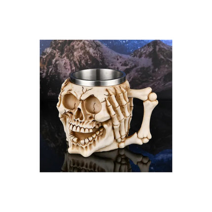 Taza Tarro Craneo Calavera De Resina Y Acero Inoxidable Crema