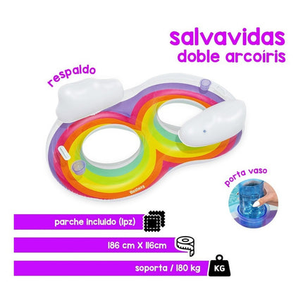Salvavidas Dona Inflable Doble Arcoirís Con Portavasos