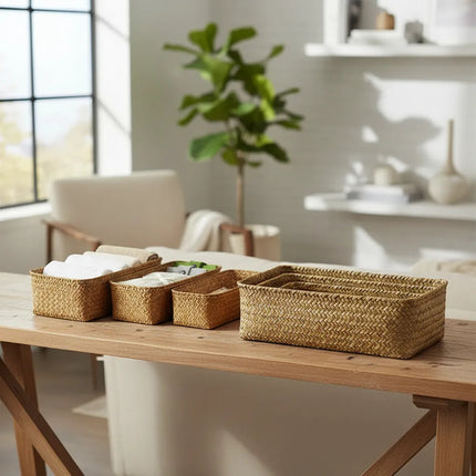 Set X3 Canastos Organizadores De Mimbre Y Rattan Marrón