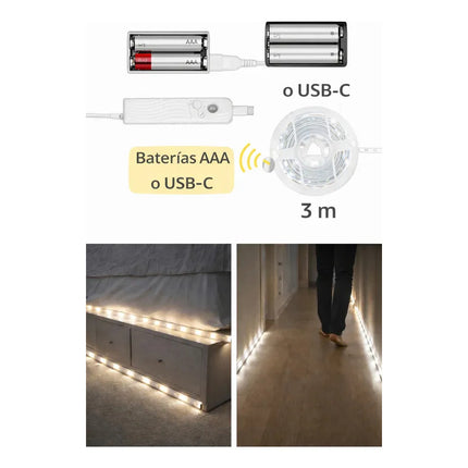Tira Led A Pilas De Luz Fria + Sensor De Movimiento 3m Blanco Frío