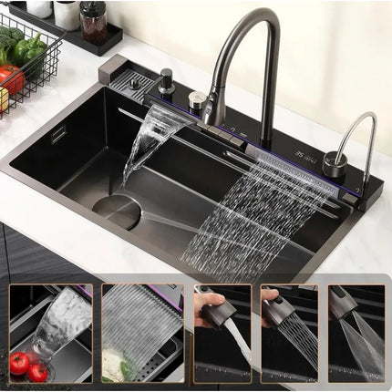 Pileta Bacha Acero Inox Multifuncion Con Lava Vaso Premium Negro
