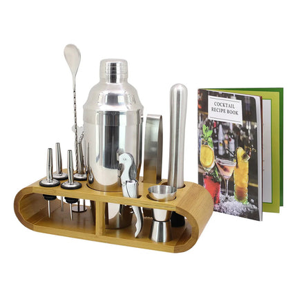 Cocteleria  Set Acero Inoxidable Con Base De Madera