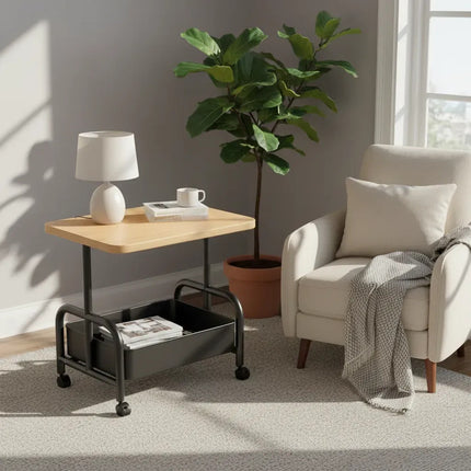 Mesa Con Estante Y Rueditas - Mesa Auxiliar Mesa Ratona Negro Y Madera