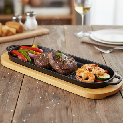 Plancha De Hierro Fundido Con Base De Madera Chw02984 Negro