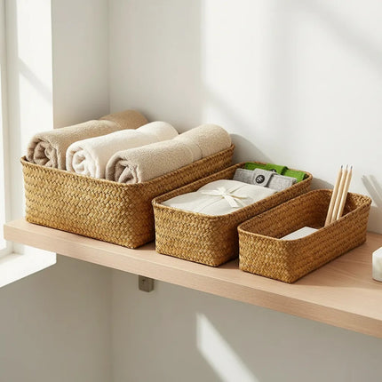 Set X3 Canastos Organizadores De Mimbre Y Rattan Marrón