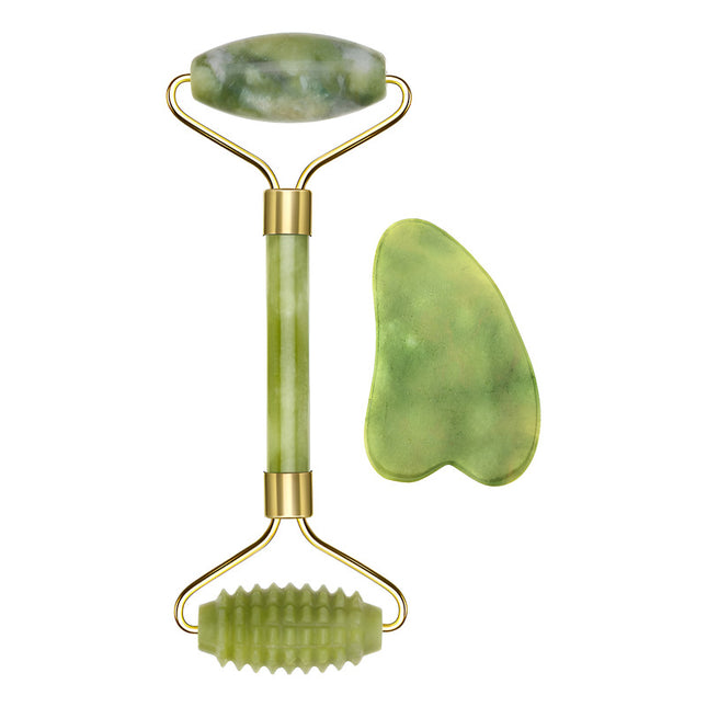 Rodillo Facial Masajeador Surcado Jade + Piedra Gua Sha  Verde