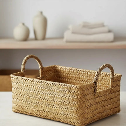 Set X3 Canastos Organizadores De Mimbre Y Rattan Marrón