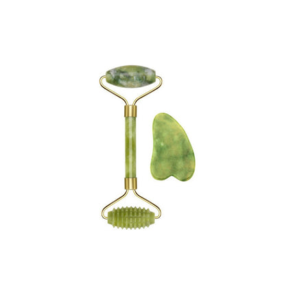 Rodillo Facial Masajeador Surcado Jade + Piedra Gua Sha  Verde