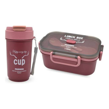 Set De Vianda De Dos Niveles Con Cubiertos Y Vaso 1100ml