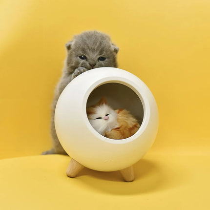 Lampara Veladora Gato Recargable Blanco Con Base De Madera Blanco