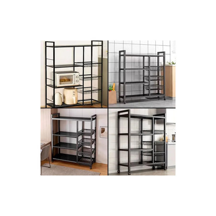 Rack Organizador 4 Estantes 4 Canastos - Metal Con Rueda Negro