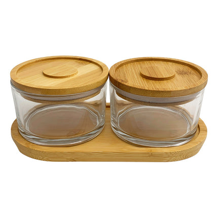 Frascos De Vidrio X2 Con Tapa De Bambú, Con Base De Madera,  Tra