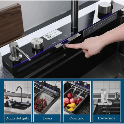 Pileta Bacha Acero Inox Multifuncion Con Lava Vaso Premium Negro