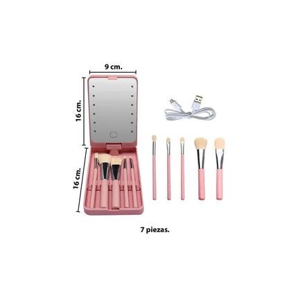 Set Pinceles Y Brochas Maquillaje Estuche Y Espejo Luz