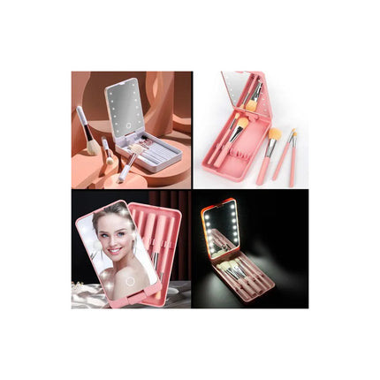 Set Pinceles Y Brochas Maquillaje Estuche Y Espejo Luz