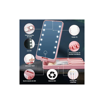 Set Pinceles Y Brochas Maquillaje Estuche Y Espejo Luz