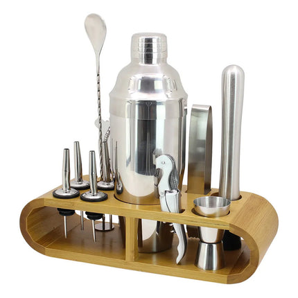 Cocteleria  Set Acero Inoxidable Con Base De Madera