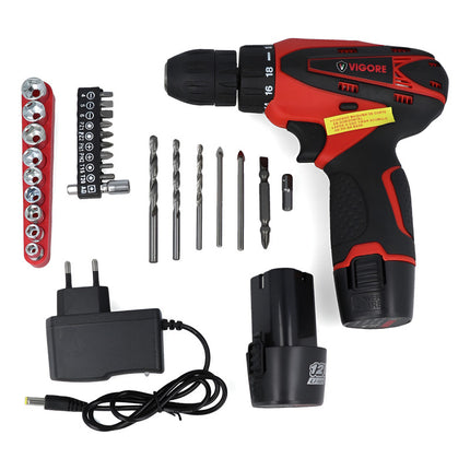 Taladro Atornillador Inalámbrico Vigore Con Valija + Acc Rojo