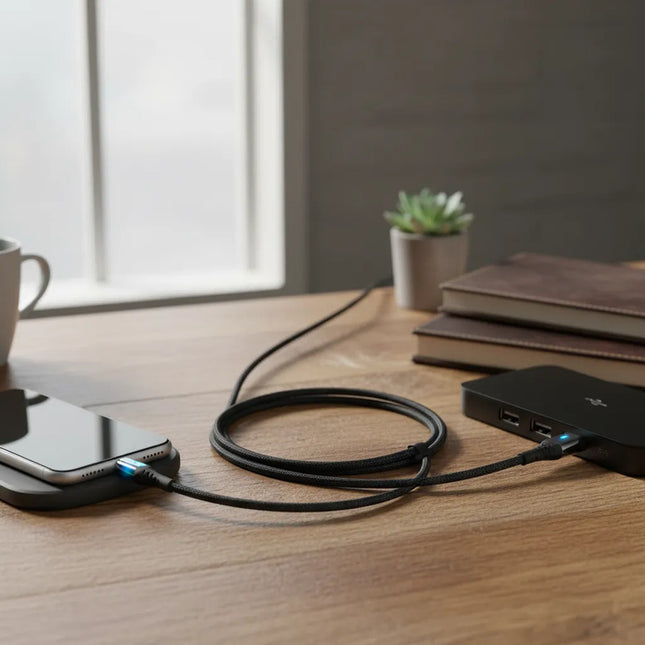 Cable Reforzado De Carga Rapida  Lightning Con Luz Led Negro