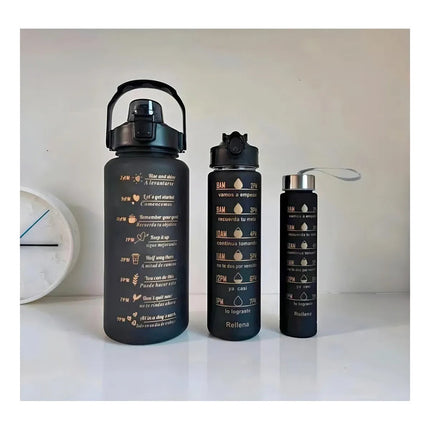 Botellas Termo De Agua Motivacionales 2l 900ml 500ml Kit X3  Negro Con Estampado Dorado